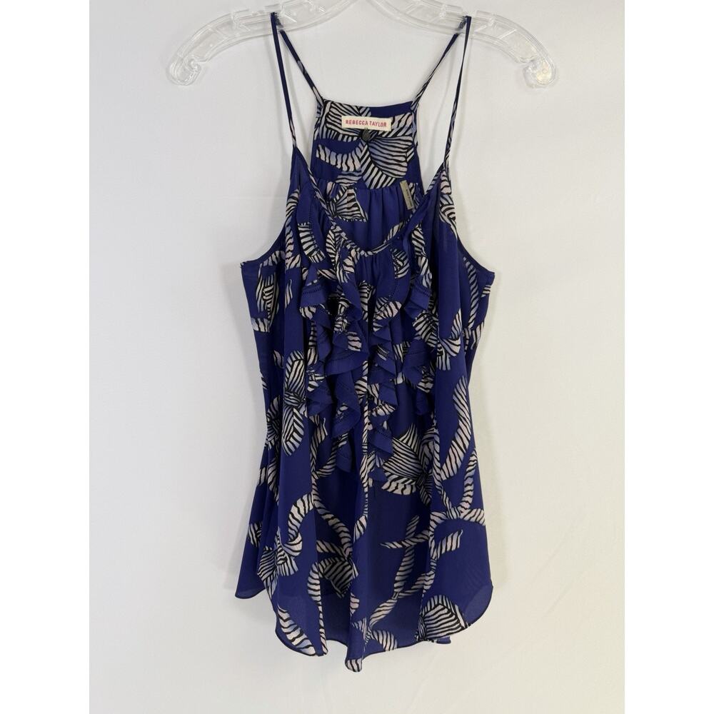 Rebecca Taylor 100% Silk Ruffle Trim Sleeveless Blouse‎ Blue Bow Print Top Sz 10